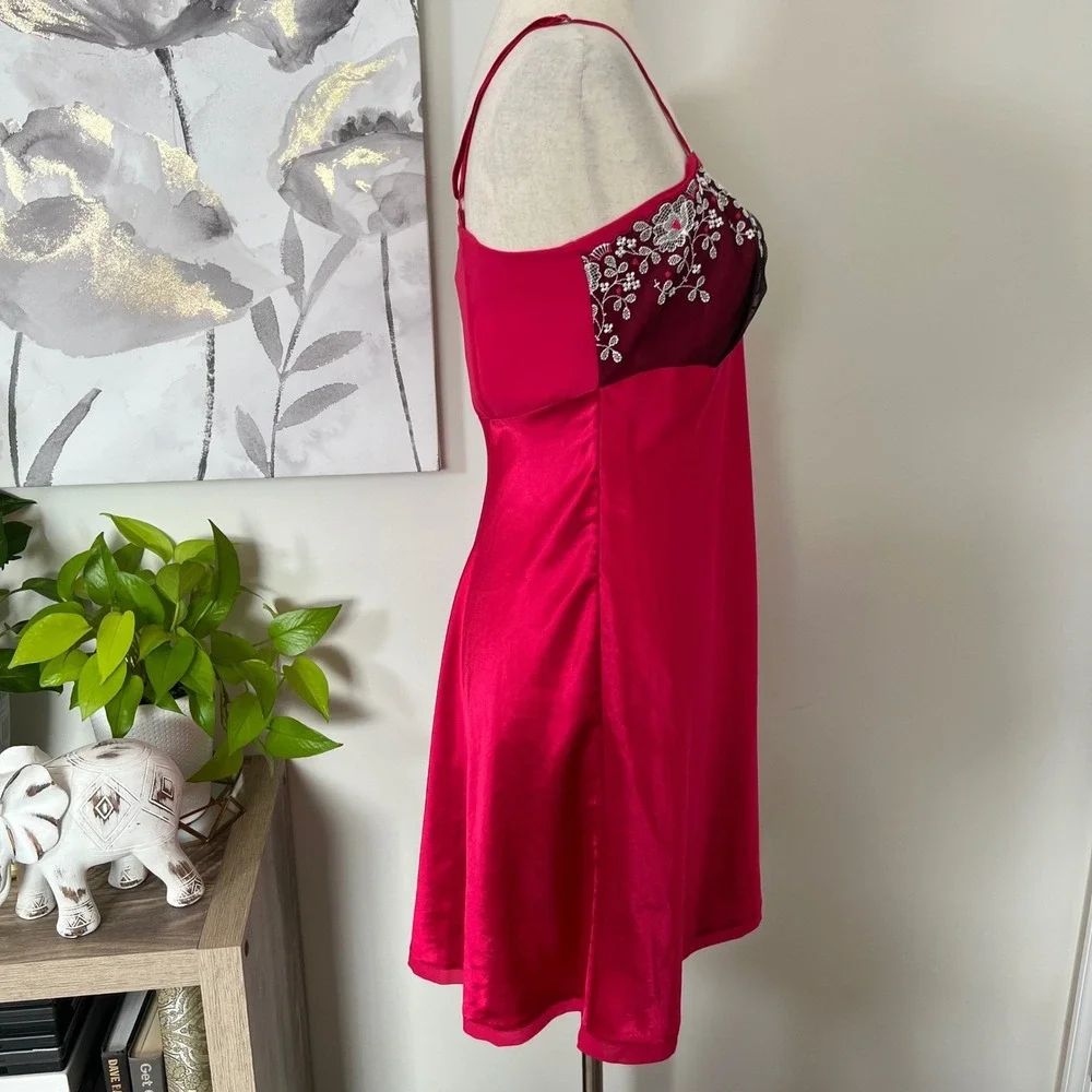 Pink Satin Embroidered Lace Mini Slip Dress Coquette‎ Romantic Lingerie Boudoir